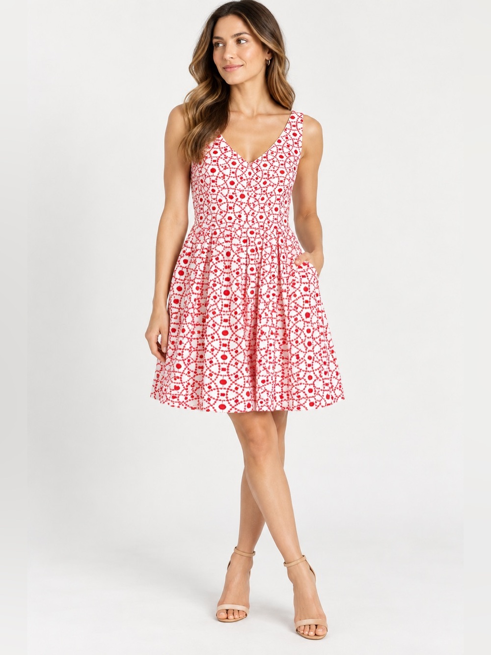 Antonio Melani Red White Embroidered Fit Flare Dress Size 4